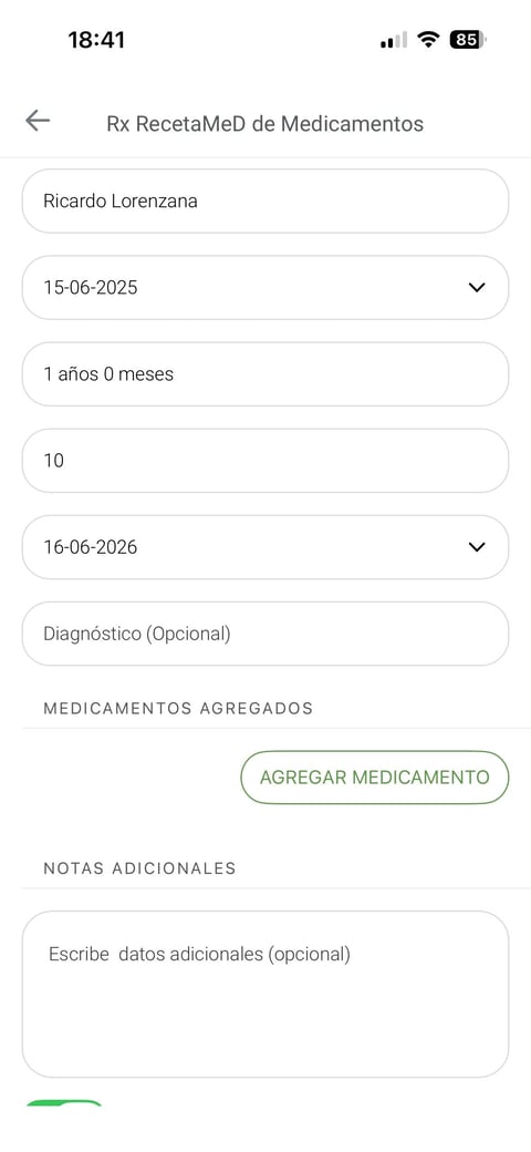Formulario Rx RecetaMeD de Medicamentos en Preskribo con datos del paciente y opción para agregar medicamento