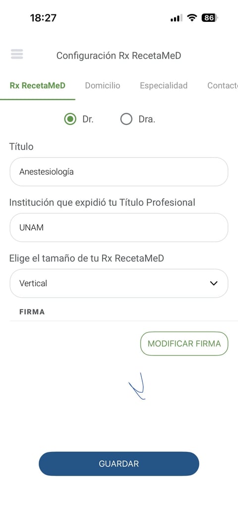 Pantalla de Configuración Rx RecetaMeD en Preskribo con título profesional, institución y firma digital