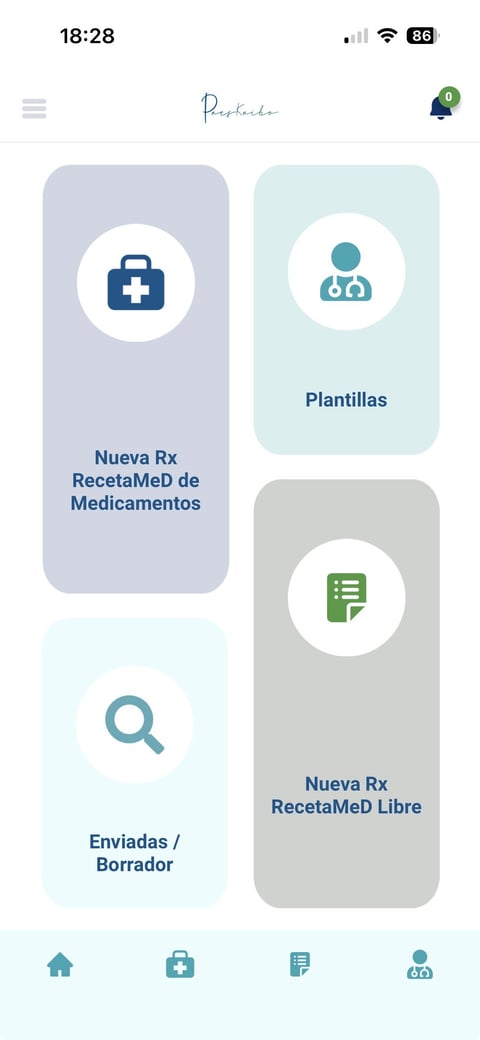 Pantalla principal de Preskribo con opciones de RecetaMeD de Medicamentos, Plantillas, Enviadas/Borrador y RecetaMeD Libre