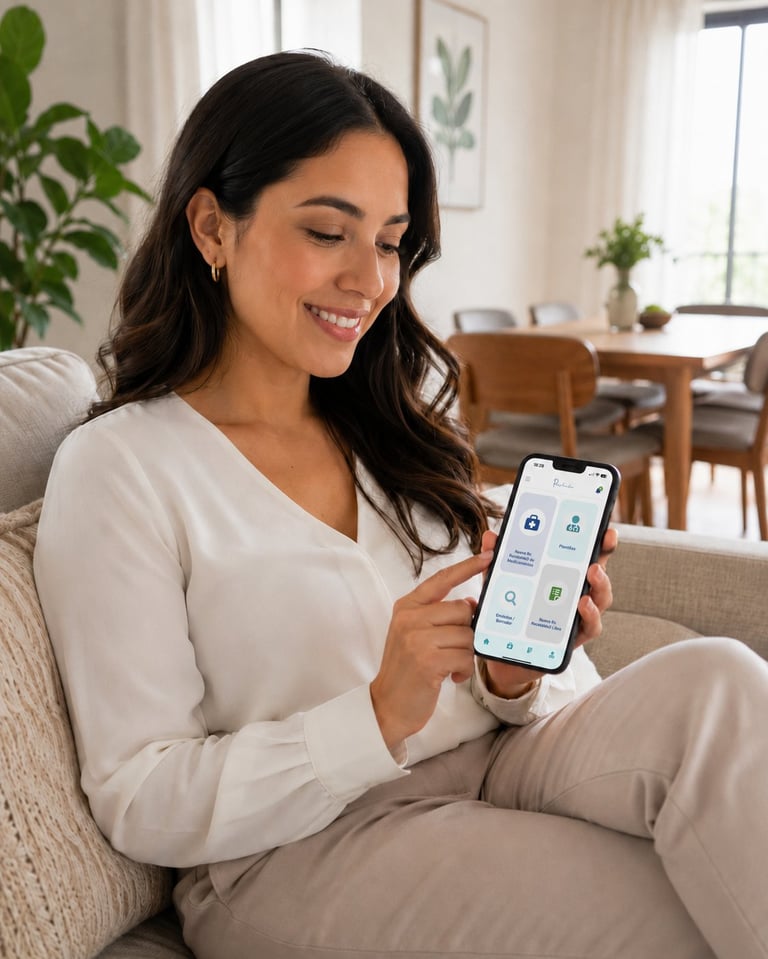 Mujer sonriendo en un sofá crema sosteniendo un smartphone con la app Preskribo mientras receta desde casa