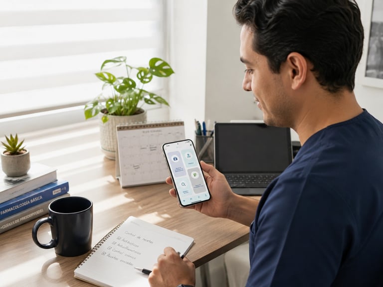 Hombre con playera navy sosteniendo su smartphone en el escritorio con cuaderno, laptop, taza de café y plantas junto a la ventana