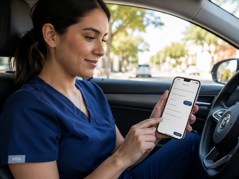 Mujer con uniforme azul sentada en el asiento del conductor revisando Preskribo en su smartphone