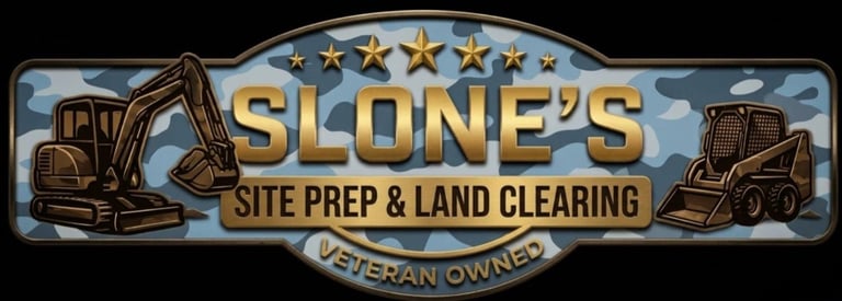 Slones Site Prep and Land Clearing logo with heavy equipment and stars, veteran owned business emblem