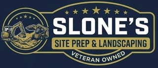 Slones Site Prep & Landscaping logo with gold and white design on dark blue background. Veteran owned company emblem with construction equipment icon.