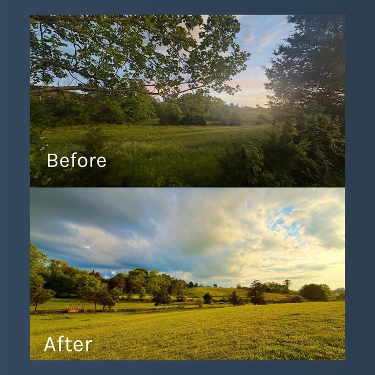 Before and after comparison of a pastoral landscape, showing enhanced clarity and brighter colors in the lower image