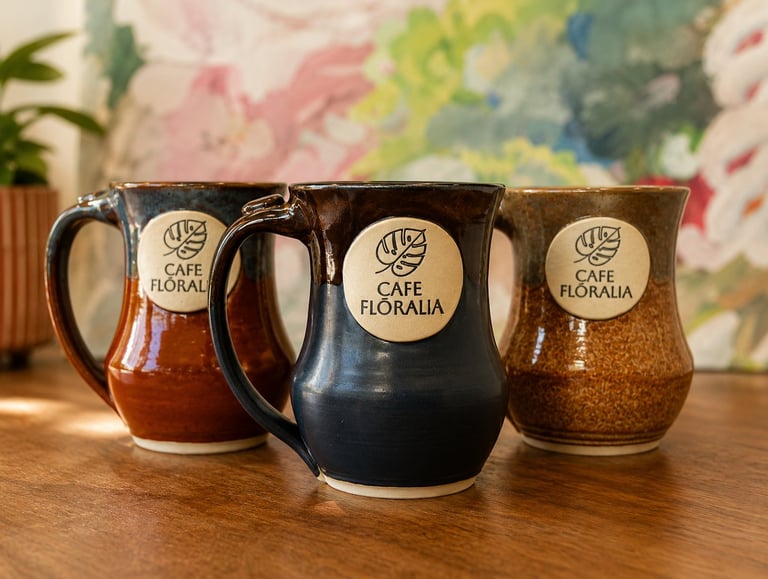 Three Cafe Floralia ceramic mugs in different colors displayed on a wooden surface with a floral wallpaper background