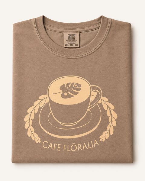 Beige t-shirt with Cafe Floralia coffee cup design and decorative leaf details