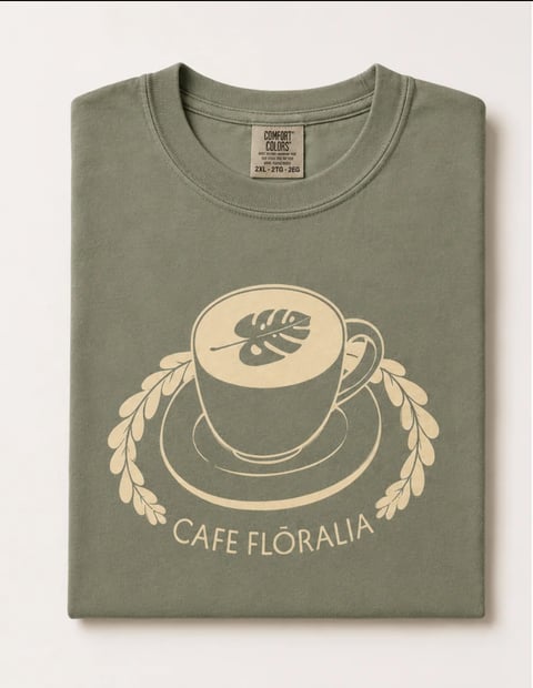 Sage green t-shirt with cream-colored coffee cup design and Cafe Floralia text surrounded by decorative leaves