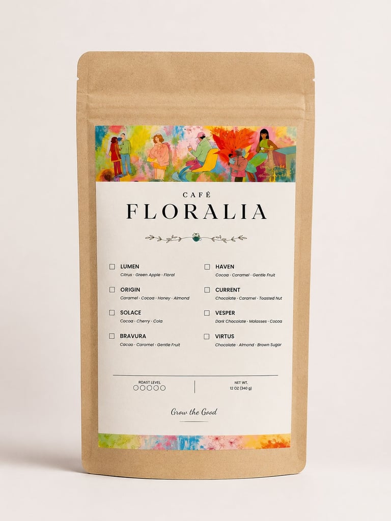 Cafe Floralia kraft paper coffee bag with colorful illustrated label and flavor variety options listed