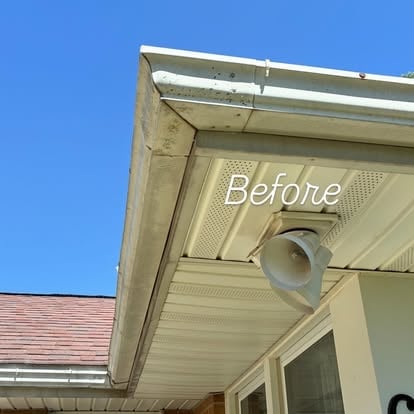 Before: Exterior home soffit and eaves with gutter system showing weathering and dirt against blue sky