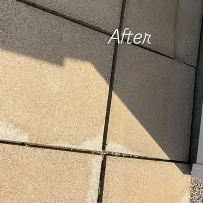 After: Clean patio tiles with sharp shadows, showing dirt removal and surface restoration