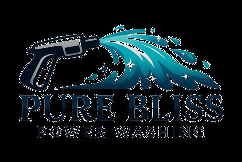 Pure Bliss Power Washing logo featuring a power washer gun and turquoise water spray with sparkles