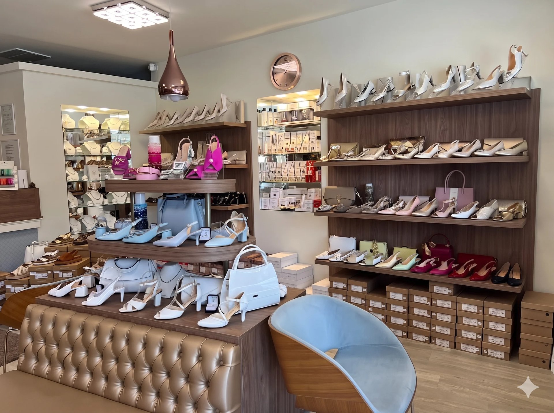 Interior of a high-end shoe boutique with wooden shelves displaying colorful footwear, display tables with shoe samples, and modern retail fixtures