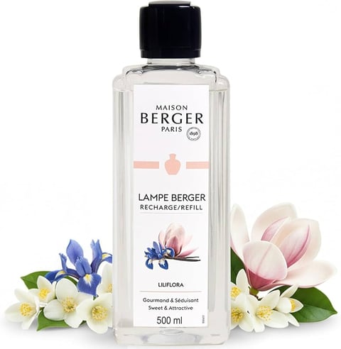 Maison Berger Lampe Berger fragrance refill bottle with Liliflora scent surrounded by white, blue, and pink flowers