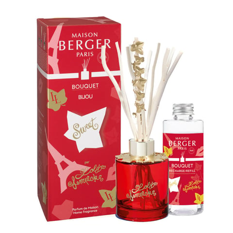 Maison Berger Paris Bouquet Bijou gift set with red box, fragrance diffuser with rattan sticks, and refill bottle