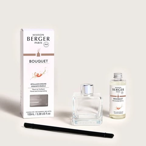 Maison Berger Paris Bouquet diffuser set with packaging, glass bottle, refill, and black diffuser sticks