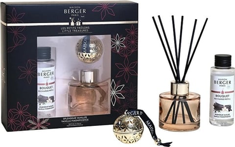 Berger home fragrance gift set including room spray, diffuser with black sticks, and decorative ball ornament