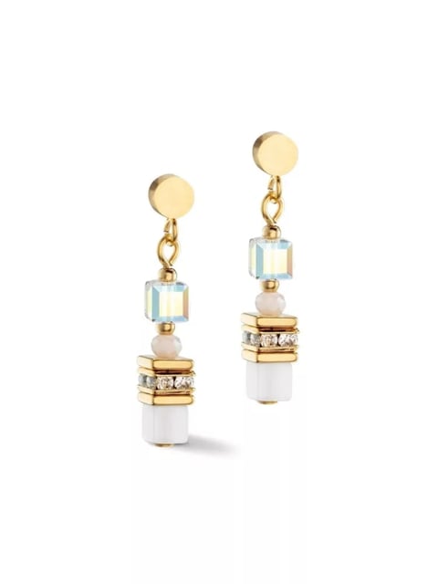 Pair of gold dangle earrings with pale blue crystals, rhinestone accents, and white stone drops
