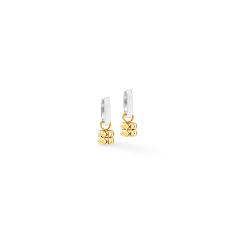 Pair of gold and silver cube charm earrings with hinged silver posts