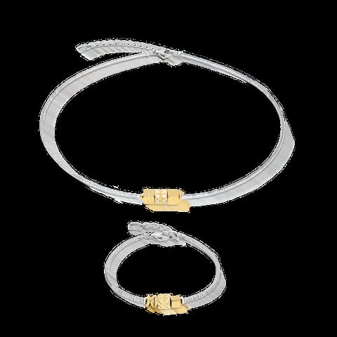 Silver mesh bracelets with gold square clasps, shown in two sizes
