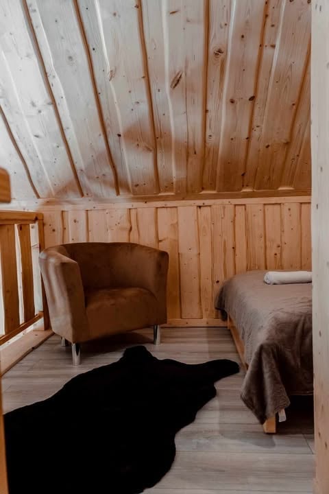 Cozy wooden cabin interior with brown leather armchair, single bed with gray bedding, and black dog on wooden floor