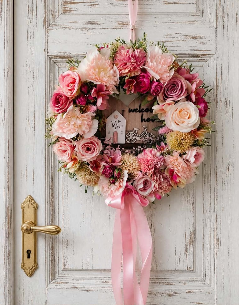 Decorative floral wreath with pink and rose-colored flowers hanging on a white wooden door with a pink ribbon