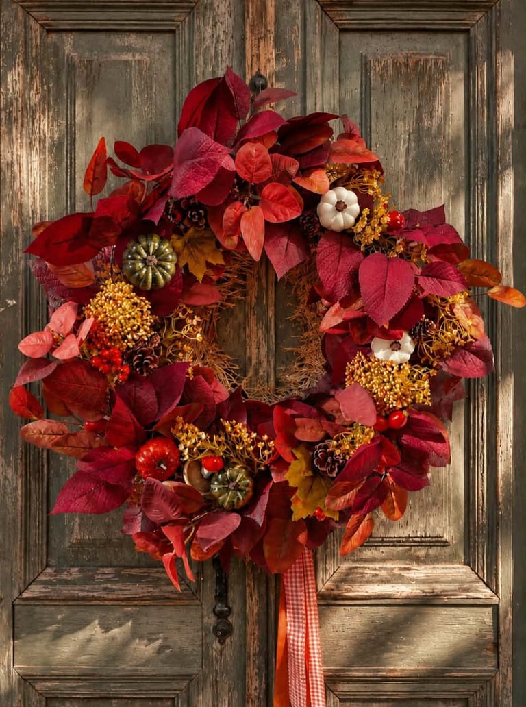 Autumn wreath with red and burgundy foliage, yellow flowers, gourds, and white pumpkins hanging on a weathered wooden double door