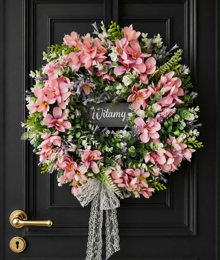 Pink floral wreath with Whitamy nameplate hanging on a black front door with gold hardware and white ribbon bow