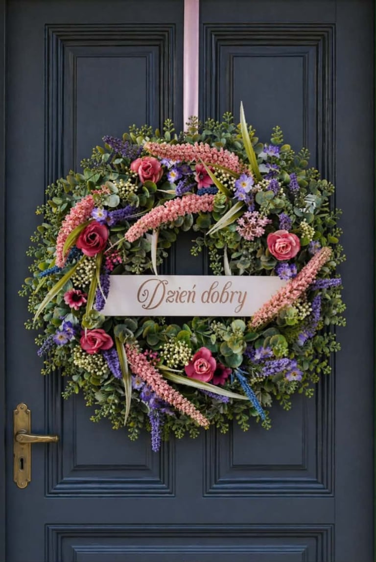 Floral wreath with pink roses, purple flowers, and greenery hanging on dark blue double doors with white Dzien dobry banner