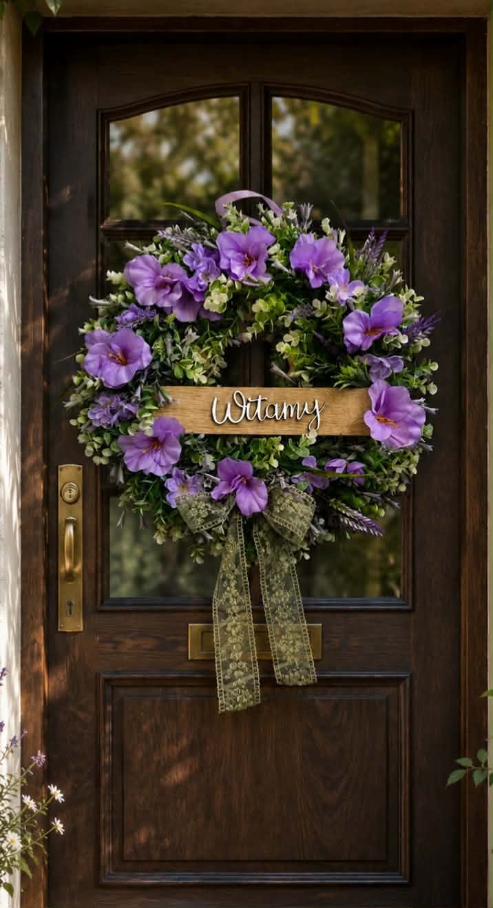 Purple flower wreath with Welcome sign hanging on a dark wooden front door