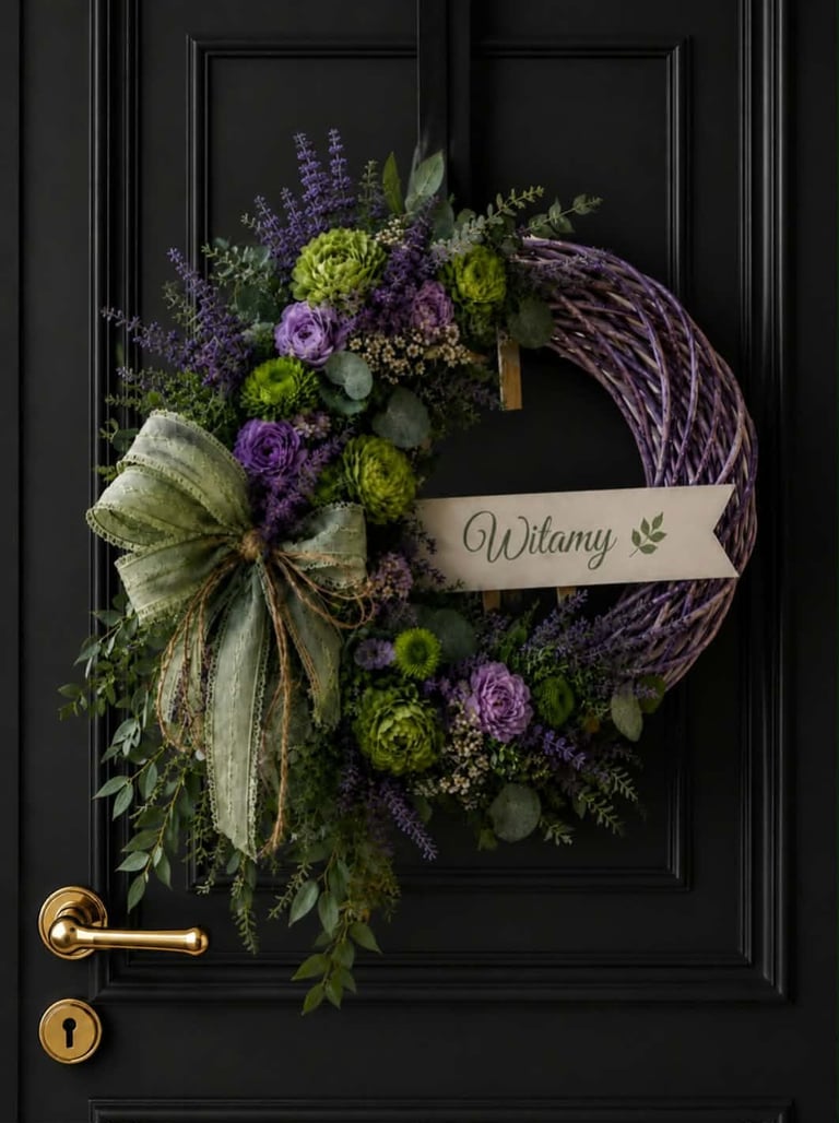 Decorative wreath with purple and green dried flowers and a cream ribbon labeled Witamy hanging on a black door