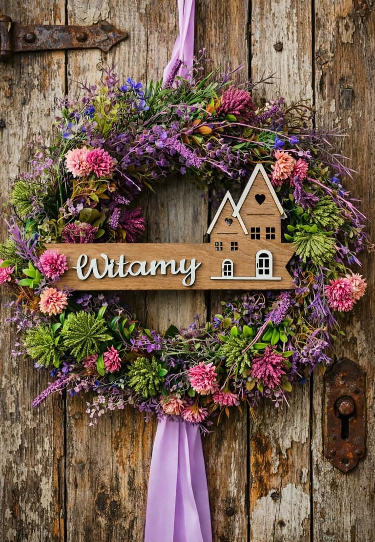 Decorative wreath with purple and pink flowers, green foliage, wooden birdhouse labeled Brittany, and purple ribbon on rustic wooden door