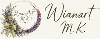 WianArt M.K. logo with purple wreath, lavender flowers, and cursive handwritten text on beige background