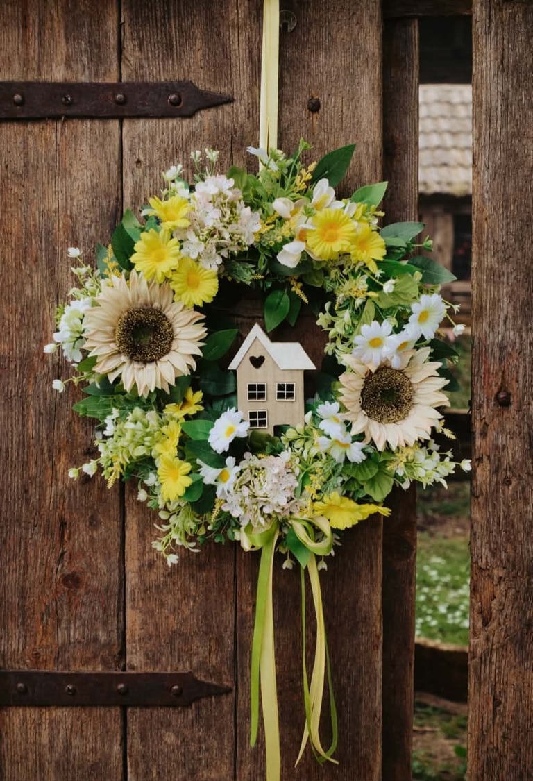 Floral wreath with yellow and white flowers and a miniature white birdhouse hanging on a rustic wooden barn door