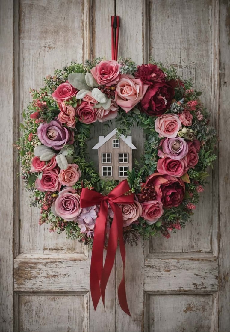 Festive wreath with pink and red roses, green foliage, small house ornament, and red ribbon bow hanging on weathered white wooden door