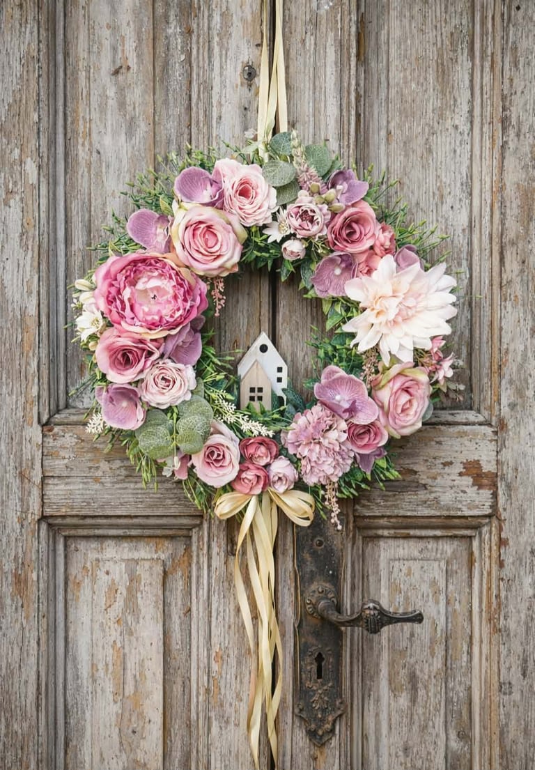 Pink and cream floral wreath with small white birdhouse hanging on rustic wooden door with gold ribbon