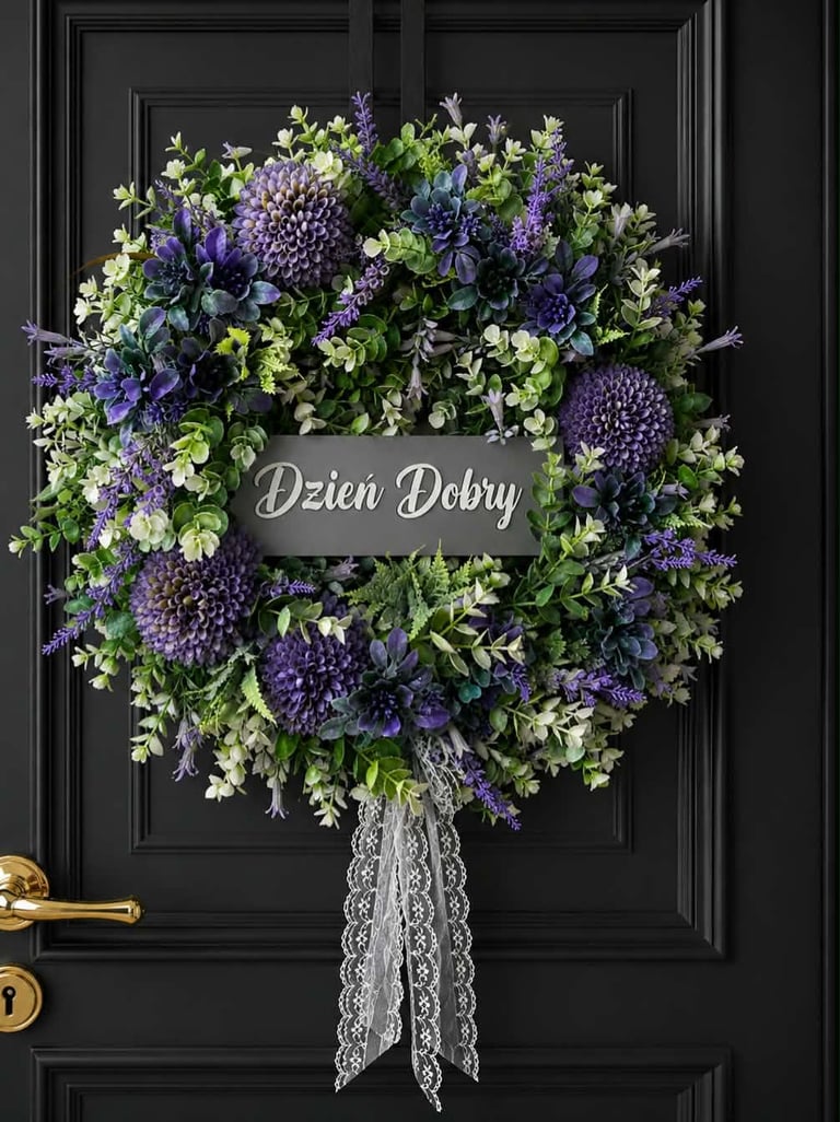 Decorative wreath with purple and white flowers on black door with Dzien Dobry greeting text