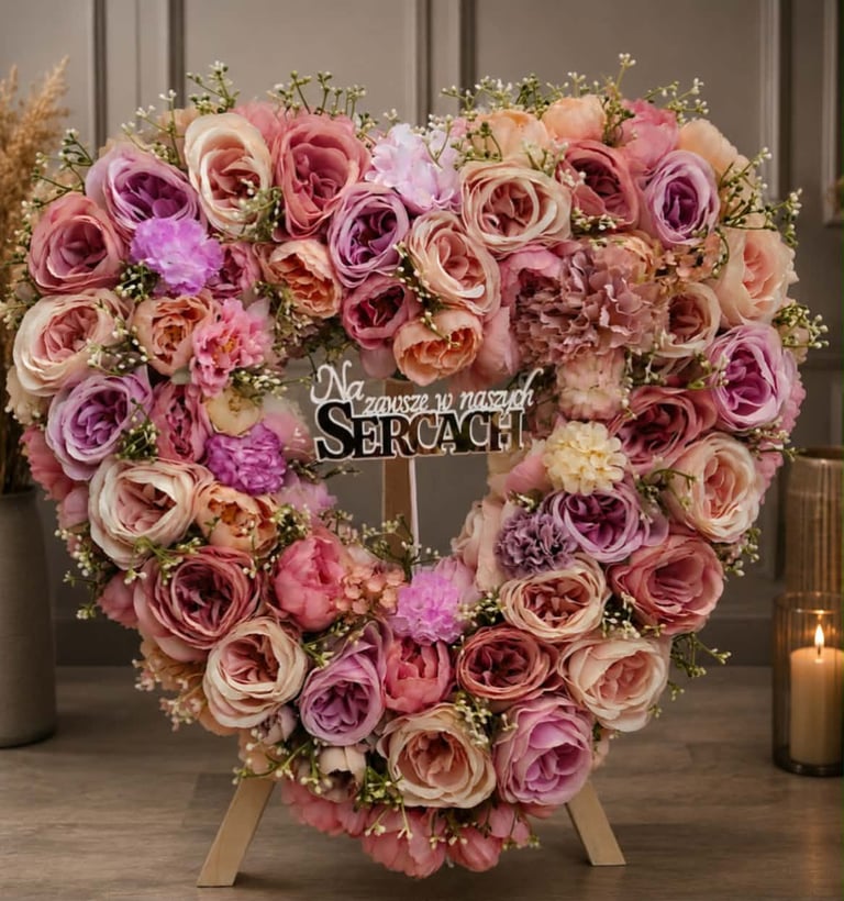 Heart-shaped floral arrangement with pink and mauve roses, babys breath, and greenery on a wooden easel