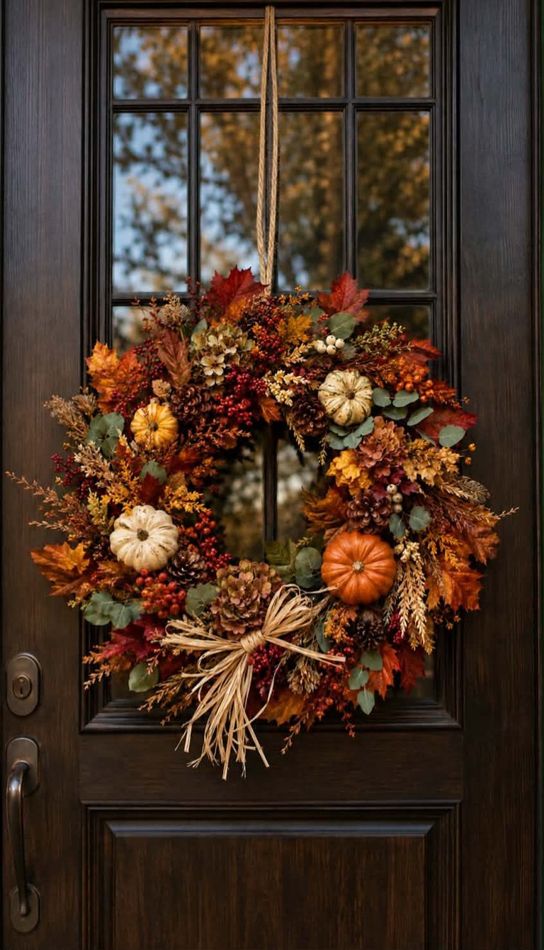Autumn wreath with fall leaves, pumpkins, and dried flowers hanging on a dark wooden door with a rope