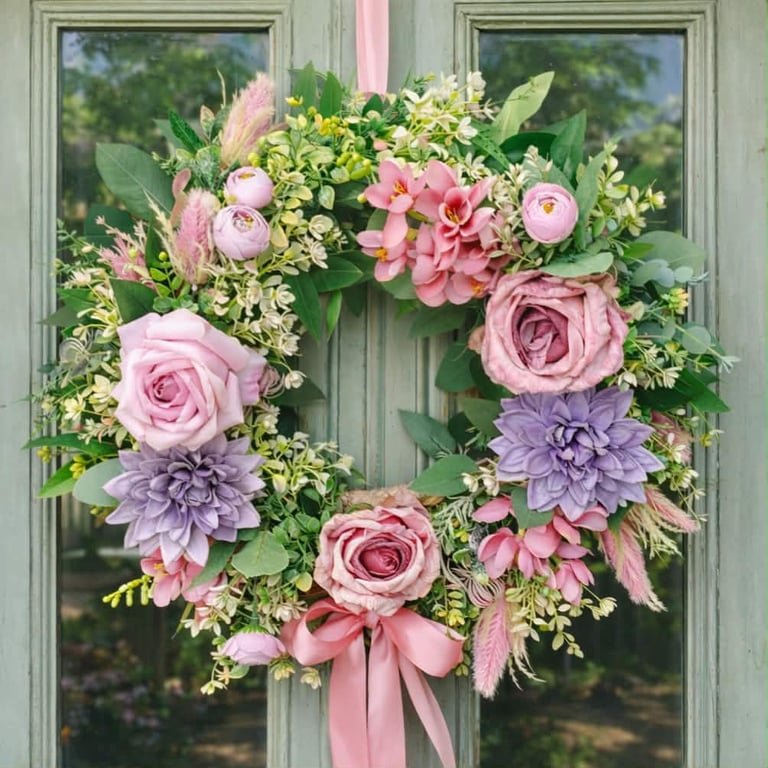 Decorative floral wreath with pink roses, purple dahlias, and greenery hanging on a gray door