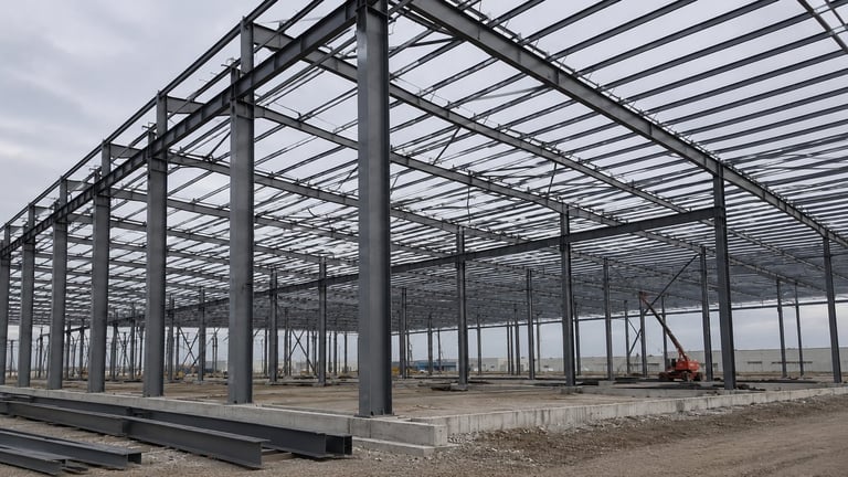 Large industrial steel frame greenhouse or warehouse structure under construction with metal beams and corrugated panels