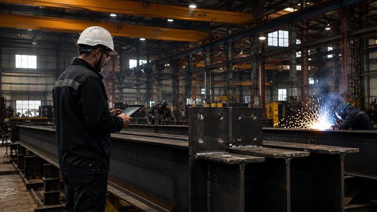 Worker in hard hat and dark clothing holding a clipboard observing welding work in an industrial manufacturing facility with bright sparks visible