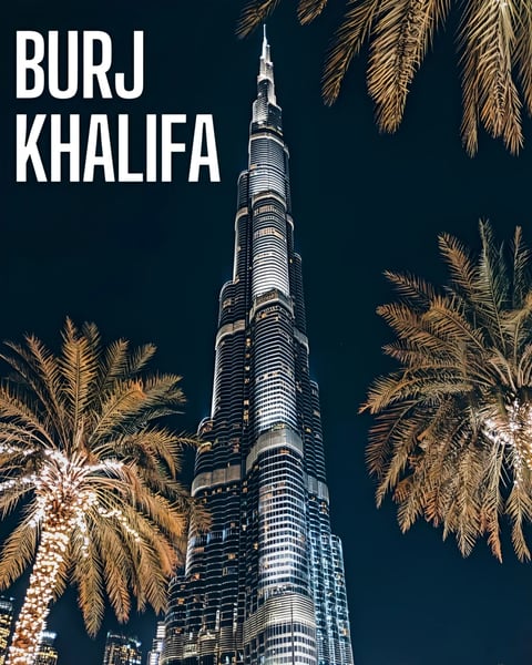 Burj Khalifa tower in Dubai against night sky with palm trees on either side, labeled with text