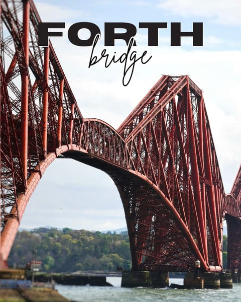 The Forth Bridge, a red cantilever railway bridge spanning across water with forested hills in the background