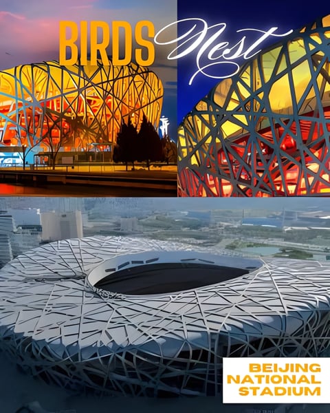 Birds Nest poster showing day and night views of Beijing National Stadium architecture with aerial city landscape