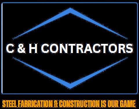 C & H Contractors logo with blue diamond shape and tagline Steel Fabrication & Construction Is Our Game