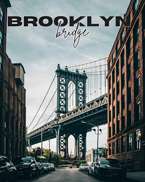 Brooklyn Bridge framed between brick buildings with parked cars below and cloudy sky, text overlay reads Brooklyn bridge