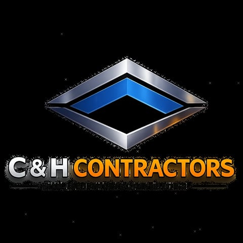 C&H Contractors logo featuring a 3D diamond shape with blue center and silver frame on black background