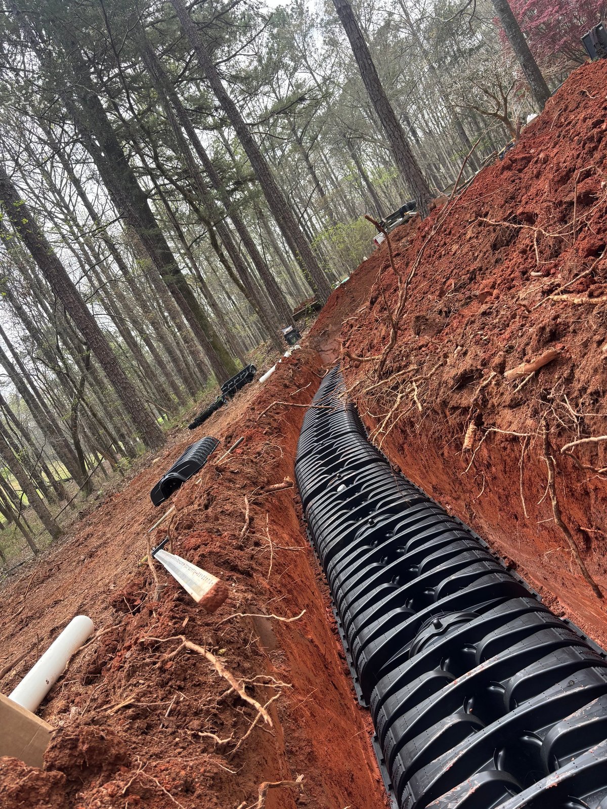 Black septic drain-field chambers installed in a red clay trench within a forest — septic system installation