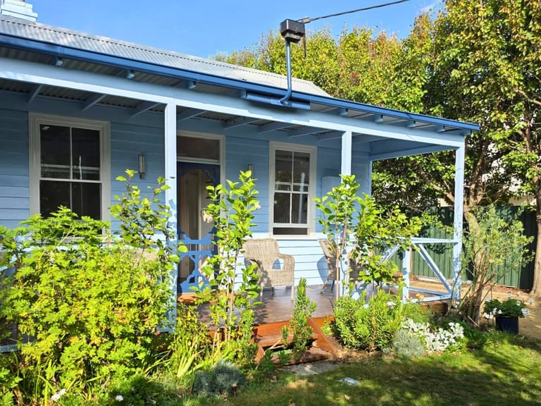 Light blue cottage with white trim, covered porch, and lush green plants in the front garden